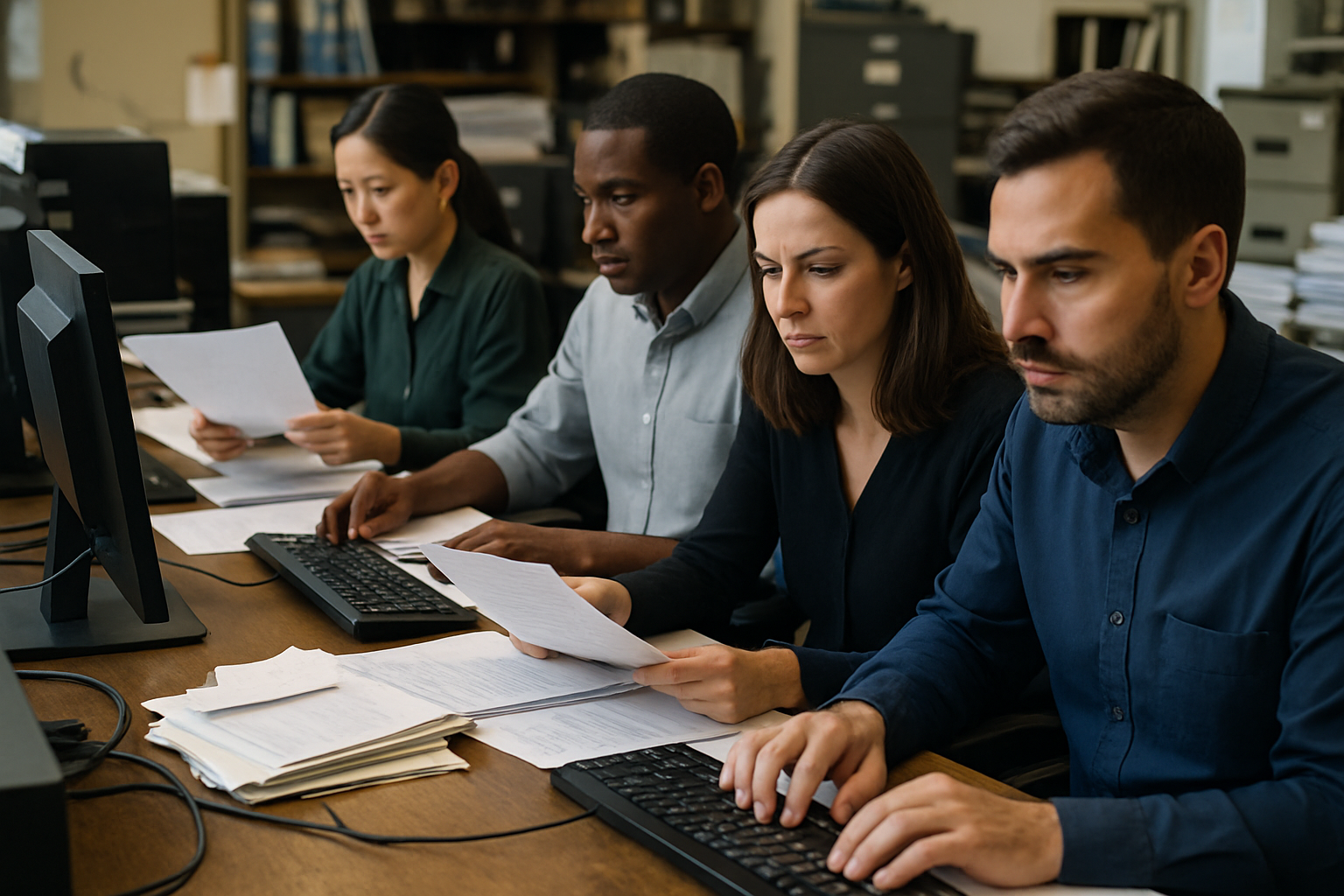Operations team manually processing invoices and order forms at their workstations