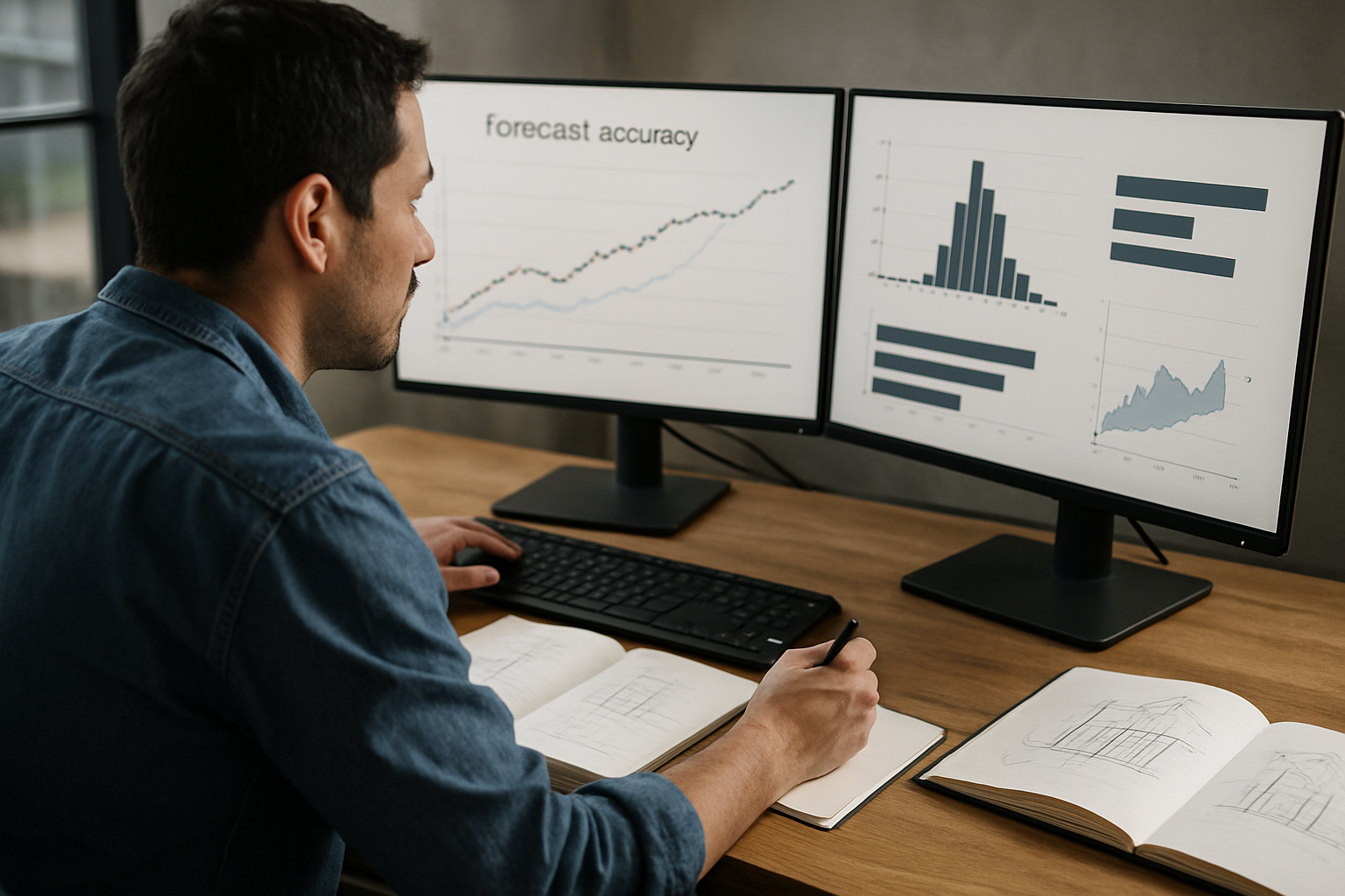Engineer at dual monitors reviewing predictive analytics accuracy metrics and validation results