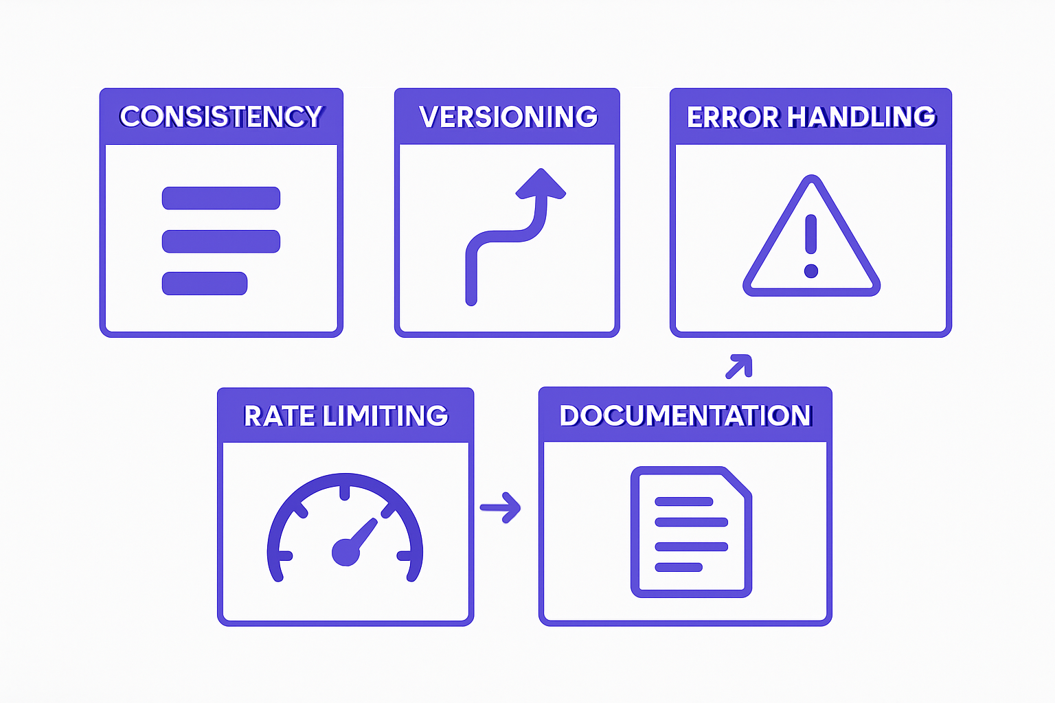 Five pillars framework with consistency, versioning, errors, rate limits, and docs