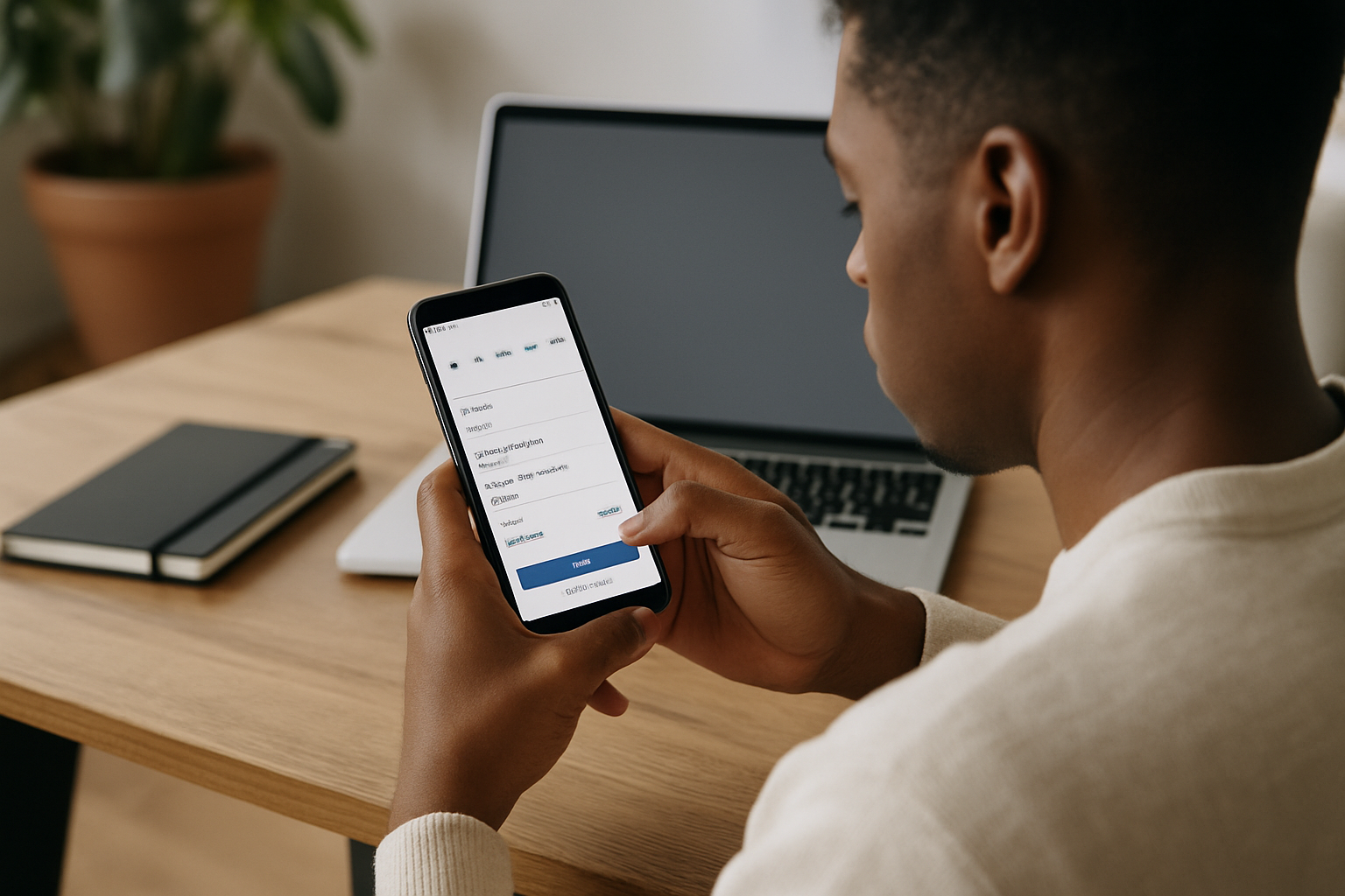 Service customer completing a booking on mobile device in a calm workspace