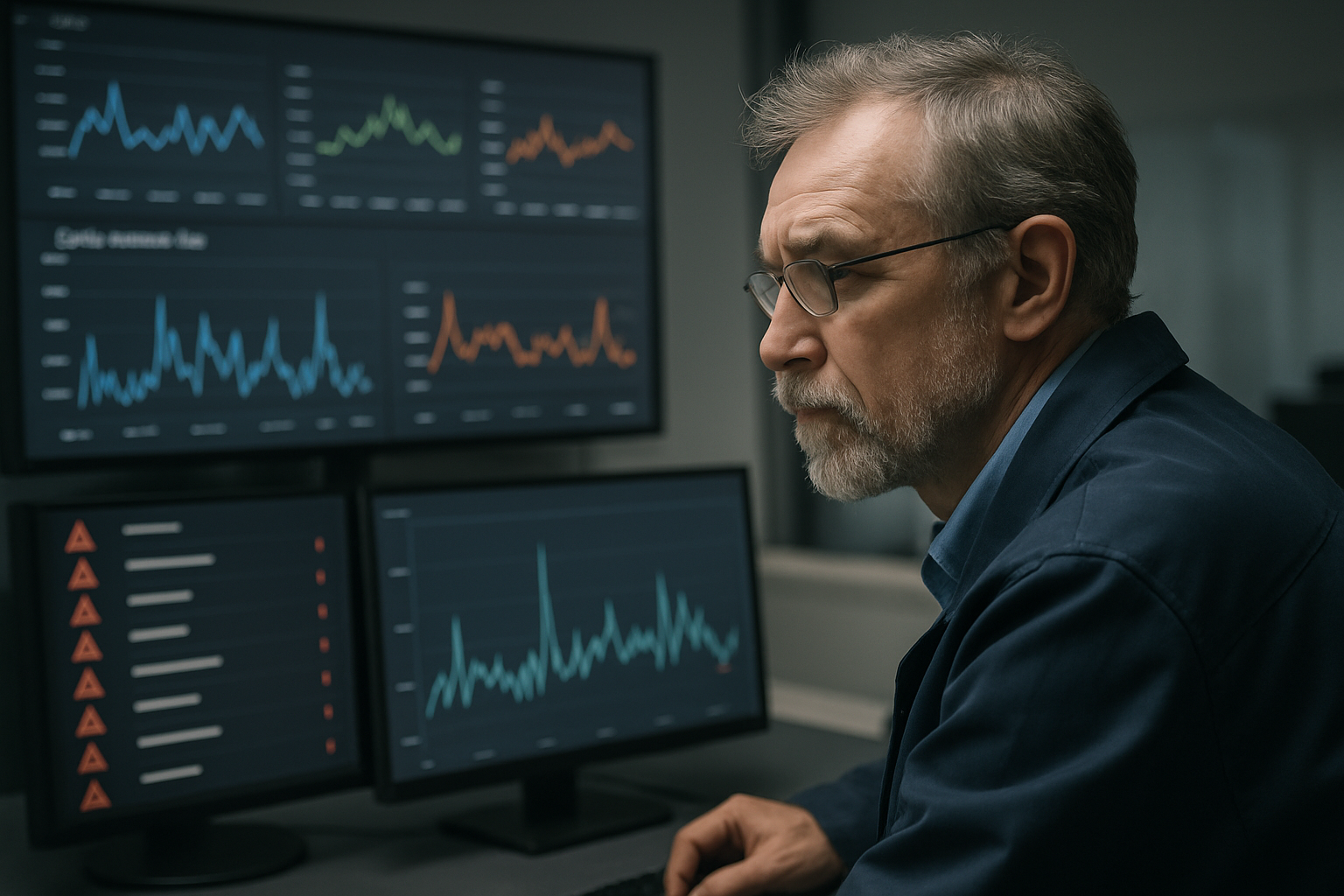 Engineer at workstation monitoring database performance metrics and query latency trends