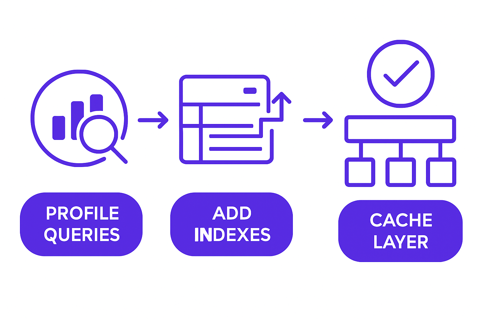 Database optimization workflow showing profile, index, cache, and monitor stages
