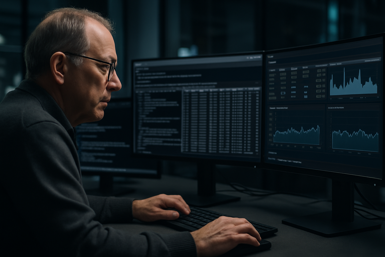 Database engineer reviewing performance logs and query analysis on multiple monitors