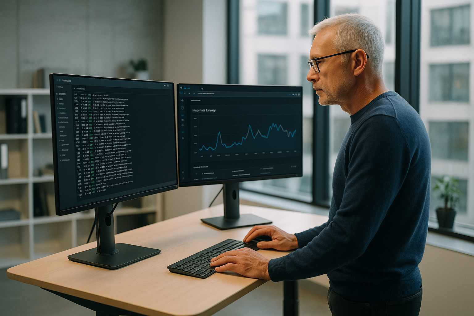 Developer reviewing machine learning web application architecture diagram on monitor