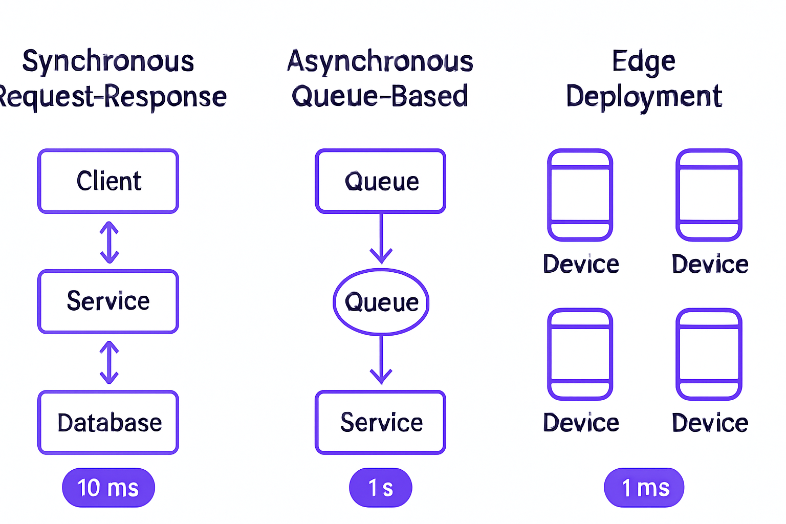 Comparison diagram of three ML deployment architecture patterns with latency and throughput characteristics