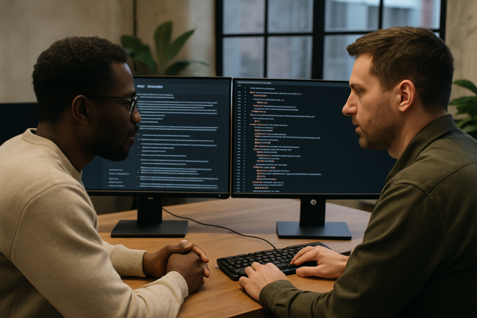 Engineers collaborating on security architecture and compliance documentation at workstations