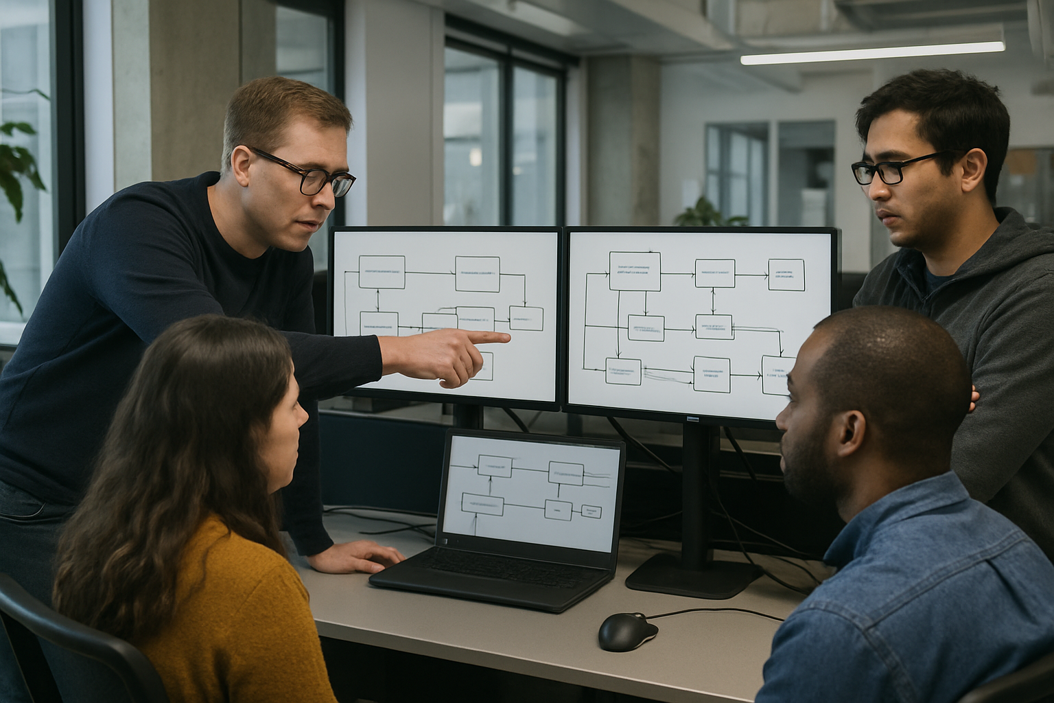 Engineering team collaborating on architecture design and deployment planning