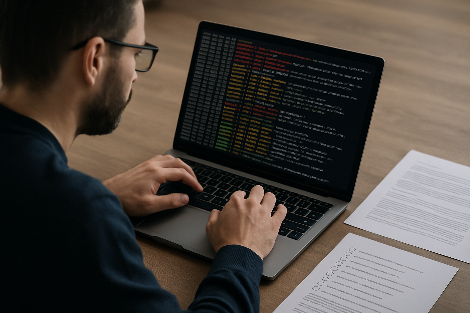 Engineer auditing automation security logs and compliance requirements at a workstation